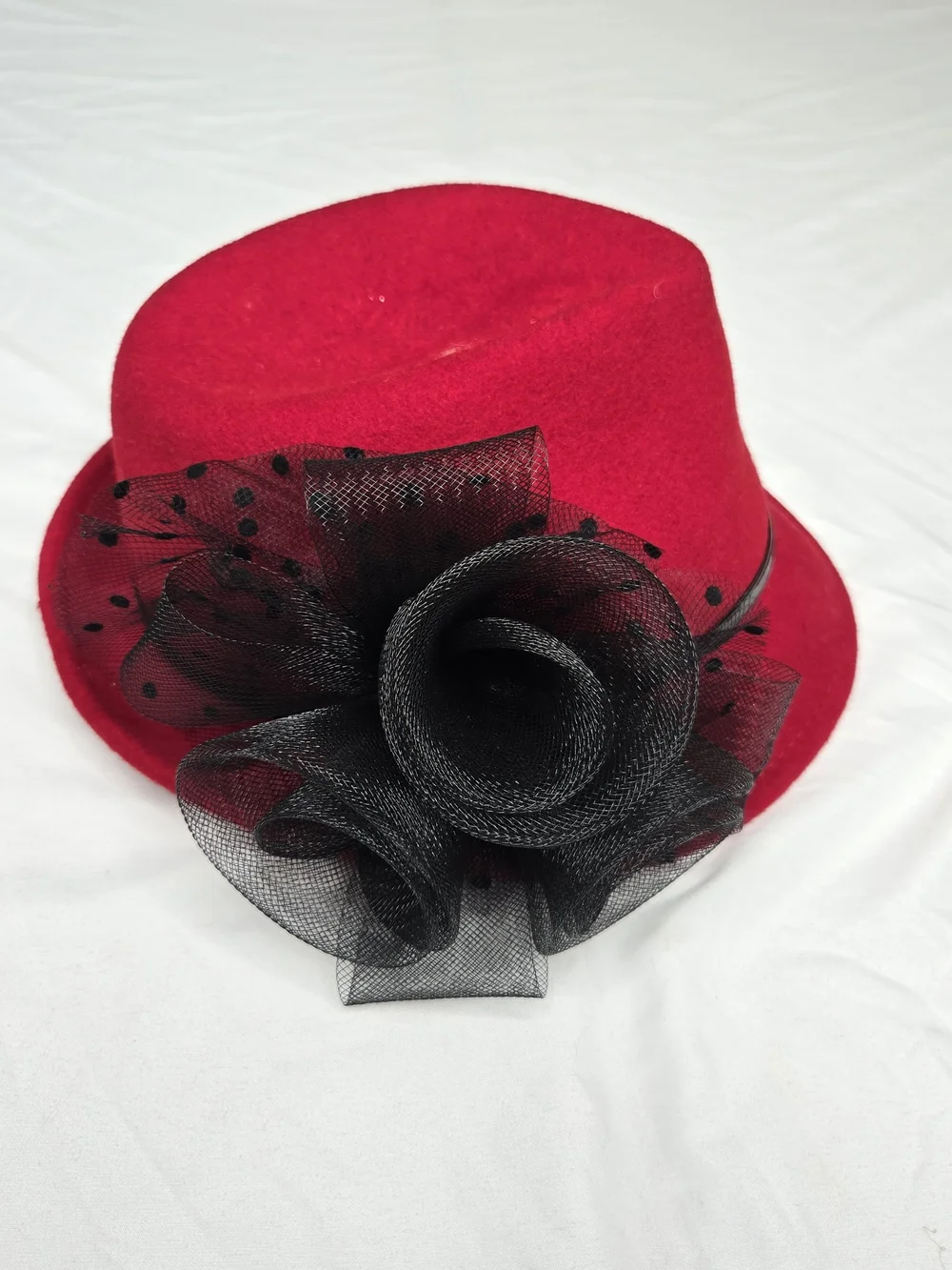 Scala Collezione Red 100% Wool Felt Hat Black Mesh Flower Fascinator One Size